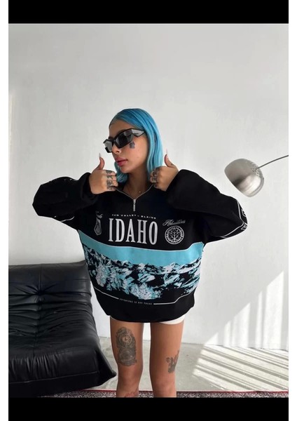 Kadın Yarım Fermuarlı Oversize Baskılı Sweatshirt - Siyah