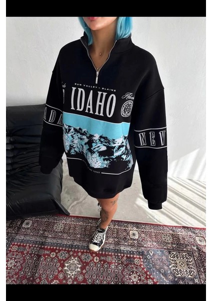 Kadın Yarım Fermuarlı Oversize Baskılı Sweatshirt - Siyah