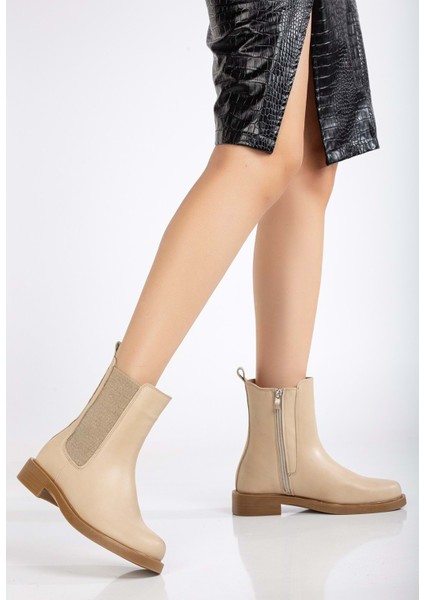 Kadın Deri Lastikli Rahat Bot - Bej