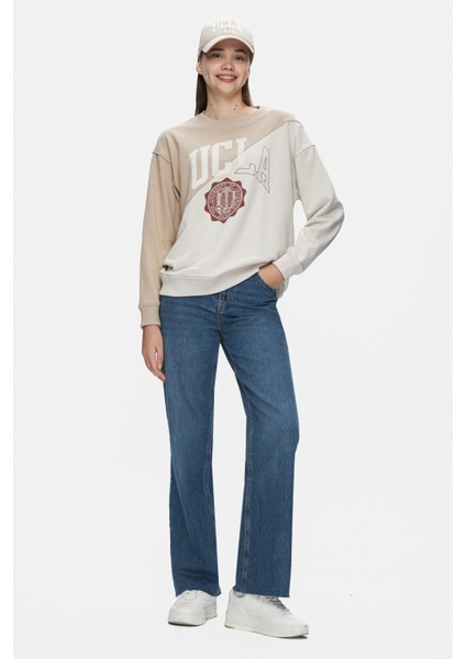 Shıon Koyu Bej Bisiklet Yaka Baskılı Standard Fit Kadın Sweatshirt