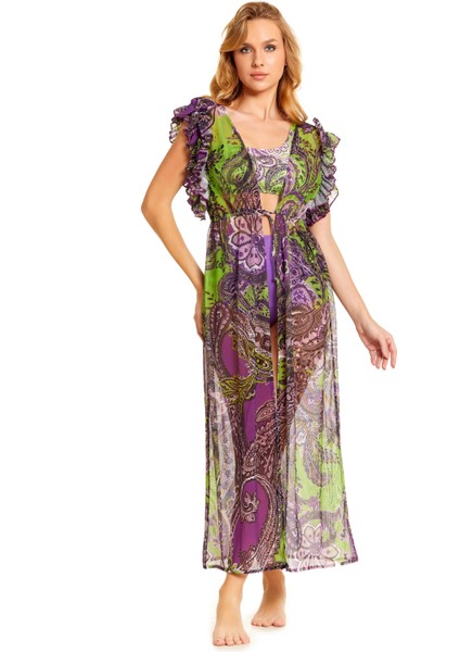 Önden Bağlamalı Uzun Kaftan Tunik Şal Desen