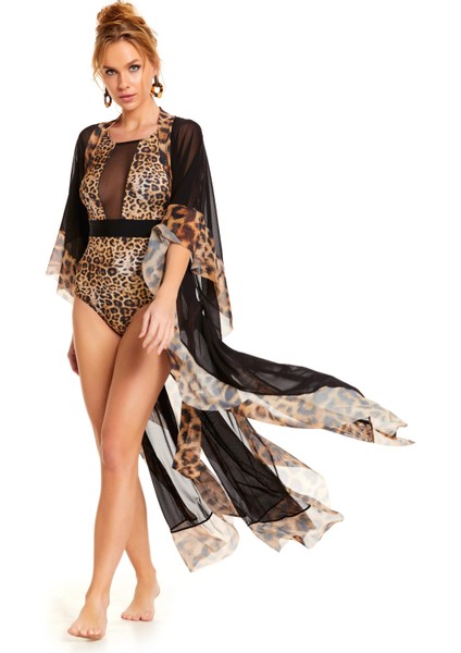 Bağlamalı Uzun Kaftan Tunik Leopar