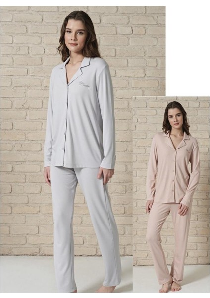 Kadın Gri Viskon Önü Düğmeli Uzun Kollu Pijama Takımı 1706