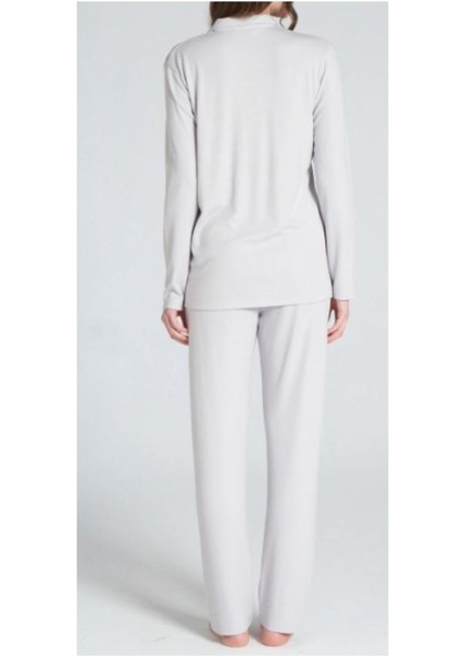 Kadın Gri Viskon Önü Düğmeli Uzun Kollu Pijama Takımı 1706 modelleri