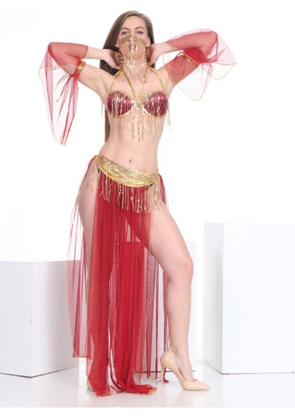 Nana & Mayka Moda Peçeli Püsküllü  Gold Detaylı Tül  Oryantal Kadın Dansöz Kıyafeti 2604