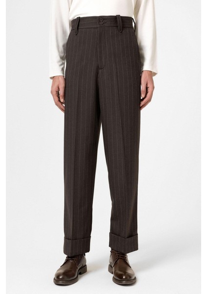 Kahve Yüksek Bel Çizgili Relaxed Fit Erkek Pantolon