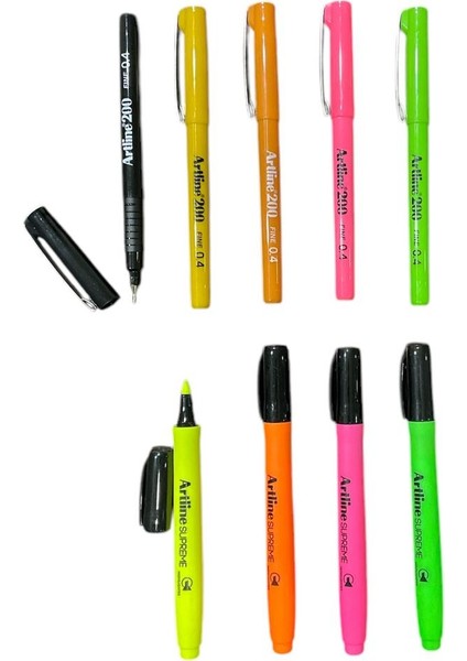 5 Adet 200N Fineliner Kalem & 4 'lü Supreme Fosforlu Kalem Seti ( 9 'lu Set )