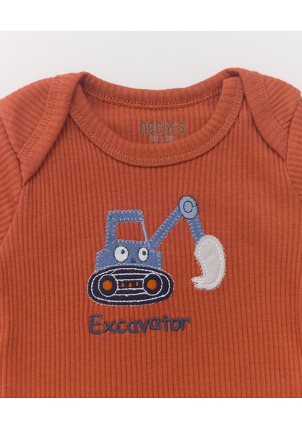 Unisex Bebek Organik Iş Makinesi Desenli Kahverengi Fitilli Zıbın Takım fiyatları