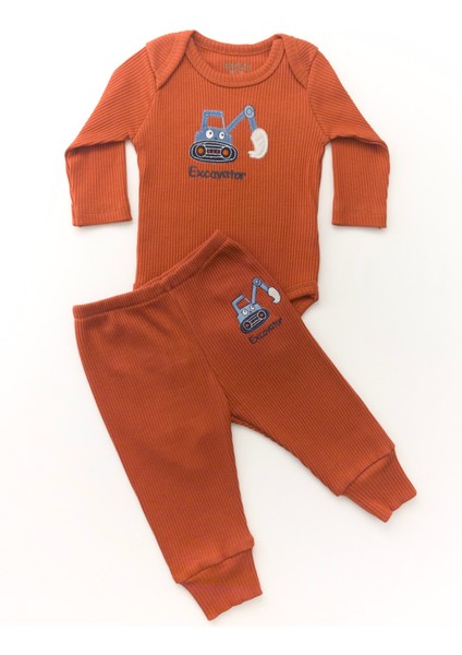 Unisex Bebek Organik Iş Makinesi Desenli Kahverengi Fitilli Zıbın Takım