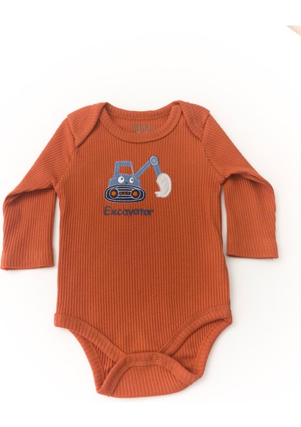 Unisex Bebek Organik Iş Makinesi Desenli Kahverengi Fitilli Zıbın Takım fırsatları
