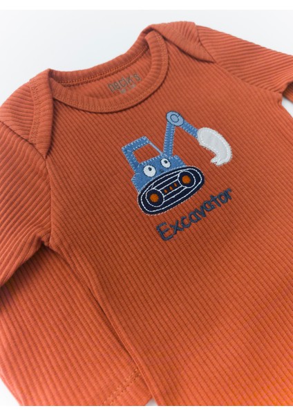 Unisex Bebek Organik Iş Makinesi Desenli Kahverengi Fitilli Zıbın Takım modelleri