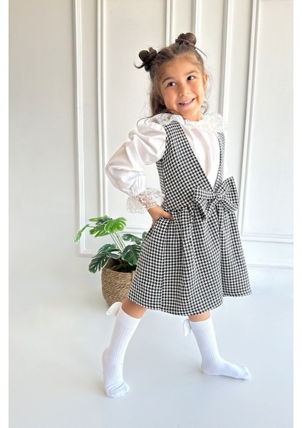 Kız Çocuk Anna Kazayağı Kareli Fiyonklu Jile Elbise Ekru Dantel Detaylı Bluz Takım