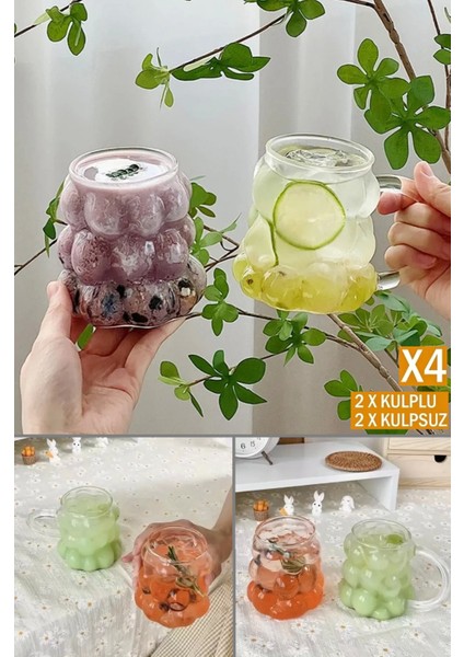 4'lü Üzüm Tanesi Boncuklu Pipetli Cam Bardak 350 ml Kulplu Kulpsuz Meşrubat Su Kahve Sunum Bardağı