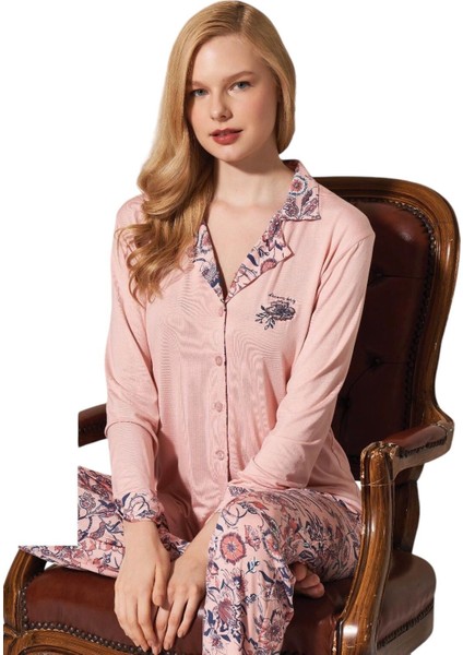 Kadın Somon Viskon Önü Düğmeli Uzun Kollu Pijama Takımı 1773