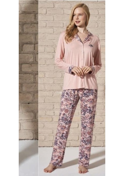 Kadın Somon Viskon Önü Düğmeli Uzun Kollu Pijama Takımı 1773