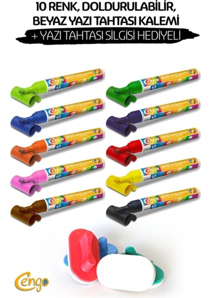 10 Renk , Doldurulabilir Beyaz Yazı Tahtası Kalemi + Tahta Silgisi