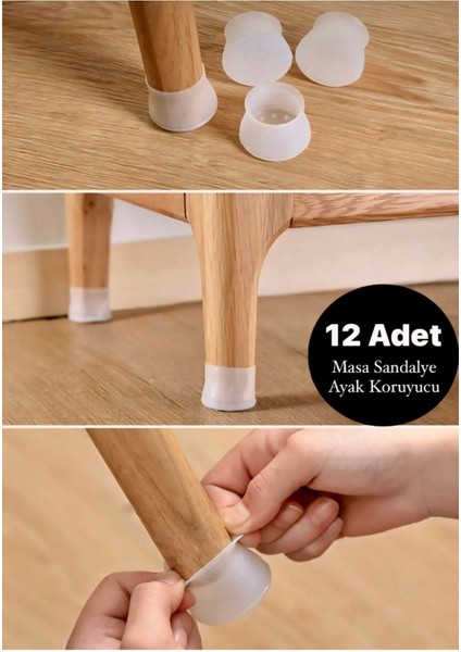 12 Adet Masa ve Sandalye Ayak Koruyucu Çizdirmez Beyaz Kaydırmaz Silikon
