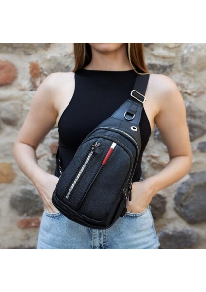 Unisex Su Geçirmez Kulaklık Çıkışlı 2 Bölmeli Suni Deri Çapraz Göğüs ve Sırt Çantası FC869