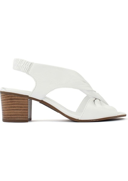 Kadın Beyaz Arkası Lastikli Topuklu Deri Sandalet