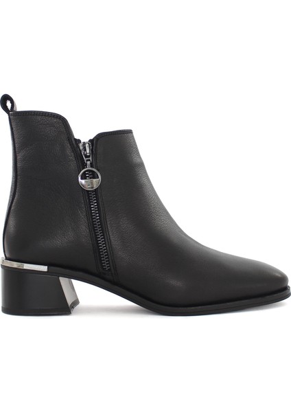 Kadın Siyah Çift Fermuarlı Kalın Topuklu Deri Bot