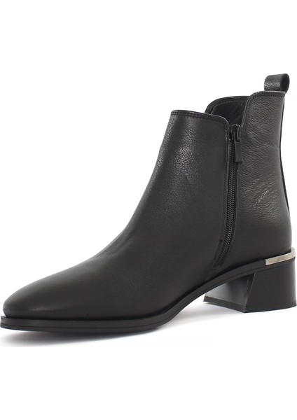 Kadın Siyah Çift Fermuarlı Kalın Topuklu Deri Bot indirimleri