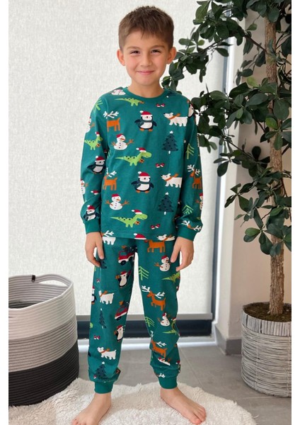 🎄 Yılbaşı Temalı %100 Pamuk Unisex Çocuk Pijama Takımı 🎄 Yeşil modelleri