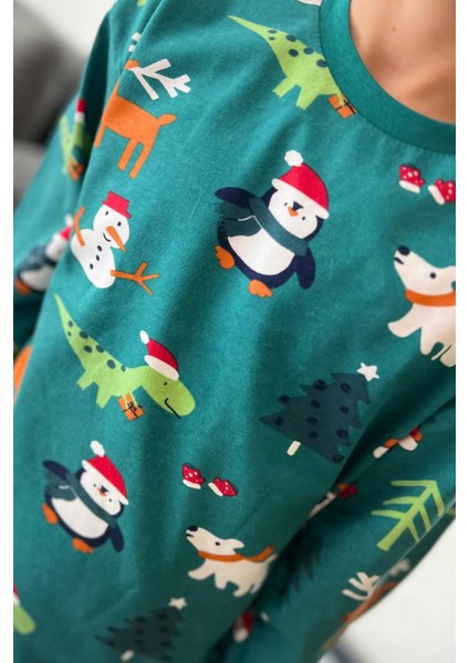 🎄 Yılbaşı Temalı %100 Pamuk Unisex Çocuk Pijama Takımı 🎄 Yeşil fiyatları