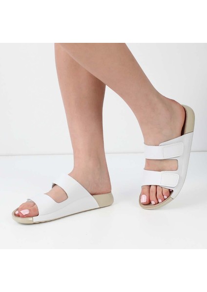 Kadın Beyaz Çift Bantlı Önü Cırt Cırtlı Deri Terlik fiyatları