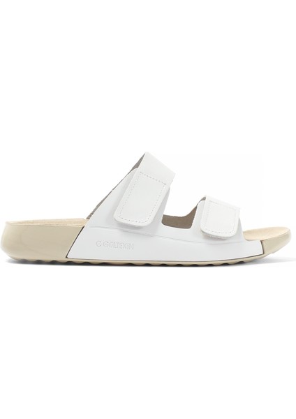 Kadın Beyaz Çift Bantlı Önü Cırt Cırtlı Deri Terlik