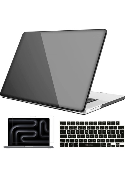 Apple Macbook Pro 16 Inç M4 A3186 A3403 ile Uyumlu Parlak Kılıf + Siyah Klavye Kılıfı +Film