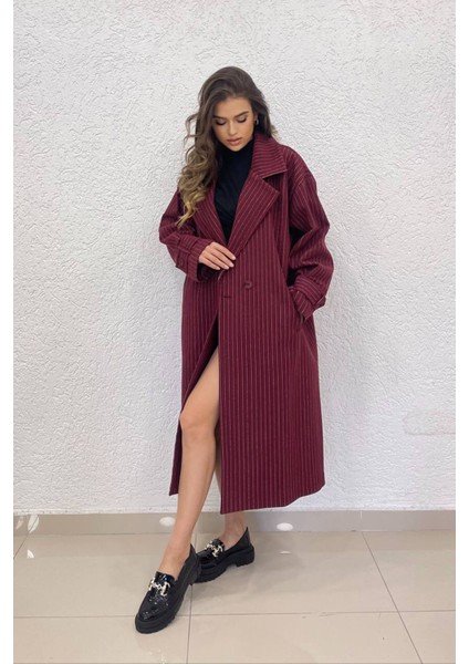 Neşeli Butik Kadın Bordo Çizgili Oversize Kaşe Kaban NBSHNZ08