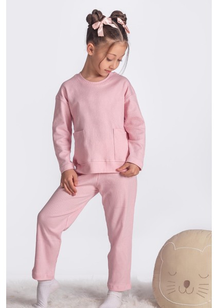 %100 Pamuk Cepli Düz Renk Fitilli Kız Çocuk Pijama Takımı - Pembe