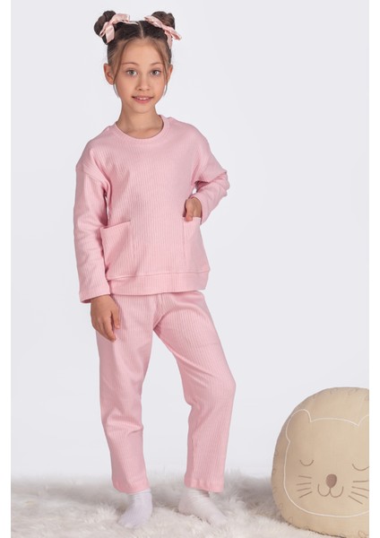 %100 Pamuk Cepli Düz Renk Fitilli Kız Çocuk Pijama Takımı - Pembe fiyatları