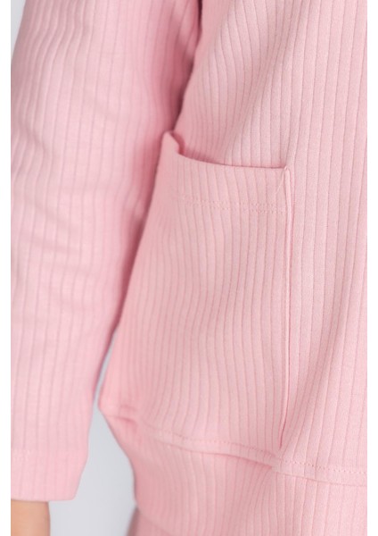 %100 Pamuk Cepli Düz Renk Fitilli Kız Çocuk Pijama Takımı - Pembe modelleri