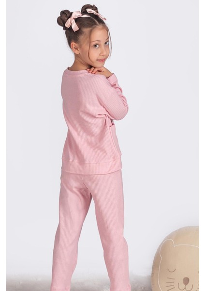 %100 Pamuk Cepli Düz Renk Fitilli Kız Çocuk Pijama Takımı - Pembe fırsatları