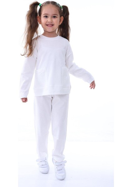 %100 Pamuk Cepli Düz Renk Fitilli Kız Çocuk Pijama Takımı - Beyaz modelleri