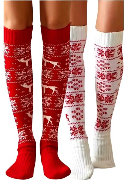 Kadın 2 Renkli Yeni Yıl Temalı Kar Tanesi Desenli Diz Üstü Çorap fırsatları