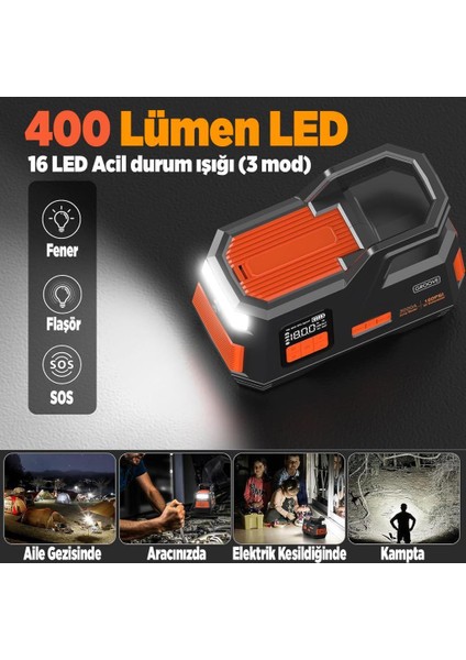 JS006 26800MAH 3000A Akü Takviye Cihazı + Lastik Şişirme Kompresörü Taşınabilir Jump Starter (Kompresör+Powerbank+Led Lamba+Lcd Ekran)