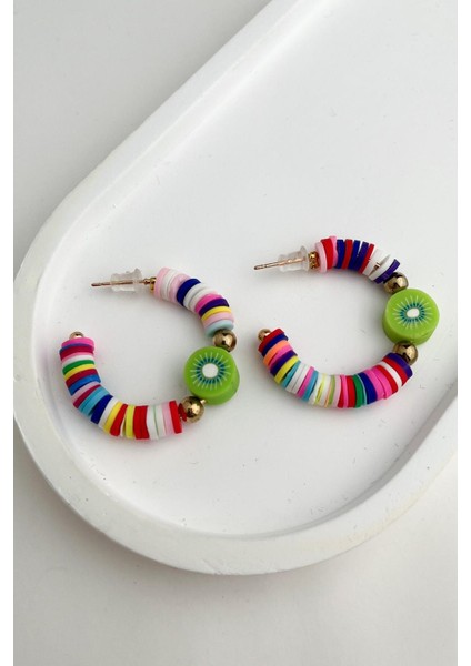 Kiwi Detaylı Renkli Halka Fimo Küpe (3cm)
