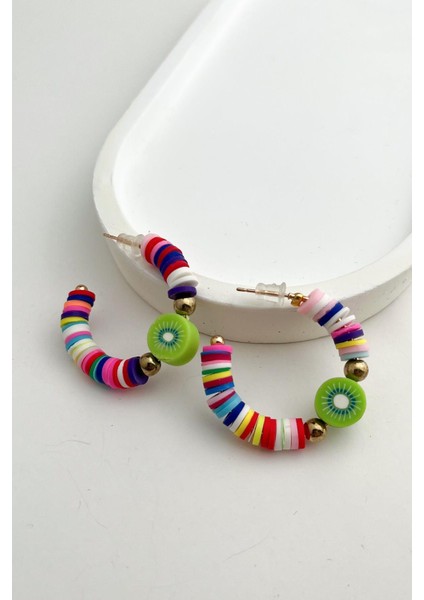 Kiwi Detaylı Renkli Halka Fimo Küpe (3cm)