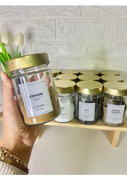 12'li Gold Metal Kapaklı Etiketli Kaşıklı Baharat Saklama Kabı Cam Kavanoz 350ML
