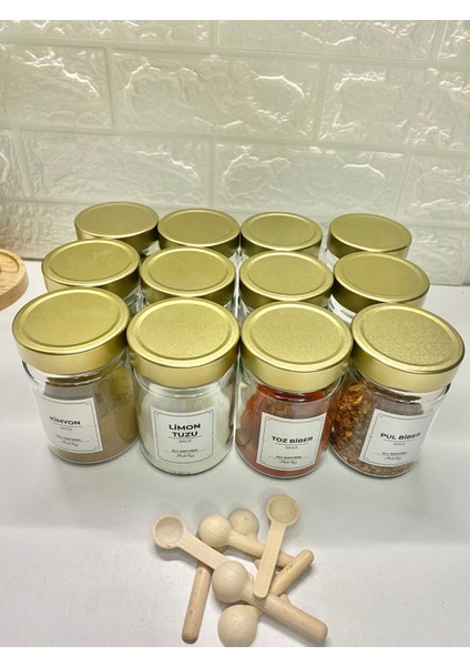 12'li Gold Metal Kapaklı Etiketli Kaşıklı Baharat Saklama Kabı Cam Kavanoz 350ML