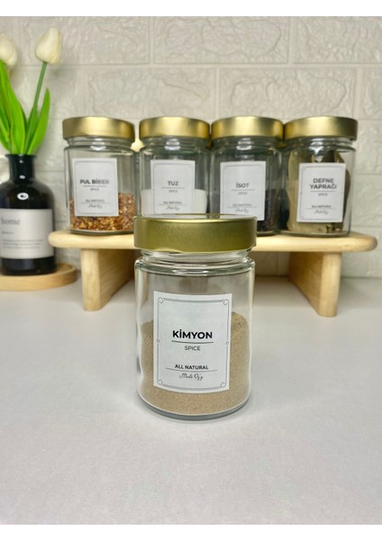 12'li Gold Metal Kapaklı Etiketli Kaşıklı Baharat Saklama Kabı Cam Kavanoz 350ML