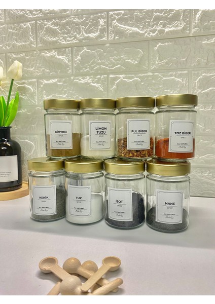 12'li Gold Metal Kapaklı Etiketli Kaşıklı Baharat Saklama Kabı Cam Kavanoz 350ML