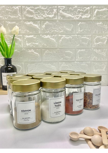 12'li Gold Metal Kapaklı Etiketli Kaşıklı Baharat Saklama Kabı Cam Kavanoz 350ML