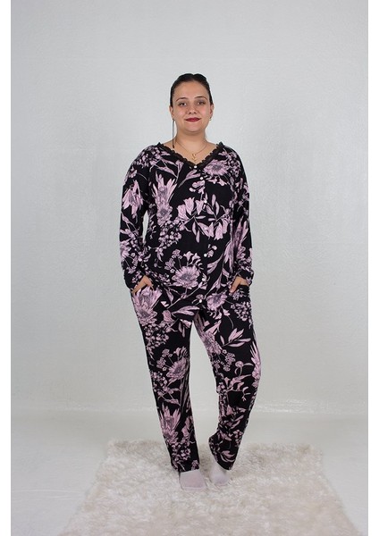 Büyük Beden Pijama Takım Düğmeli Desenli Pijama Takım