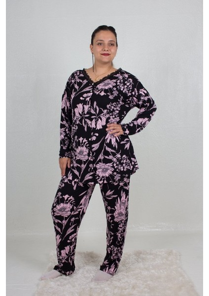 Büyük Beden Pijama Takım Düğmeli Desenli Pijama Takım