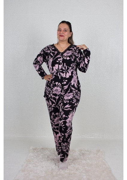 Büyük Beden Pijama Takım Düğmeli Desenli Pijama Takım