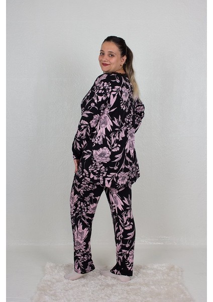 Büyük Beden Pijama Takım Düğmeli Desenli Pijama Takım