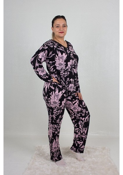 Büyük Beden Pijama Takım Düğmeli Desenli Pijama Takım